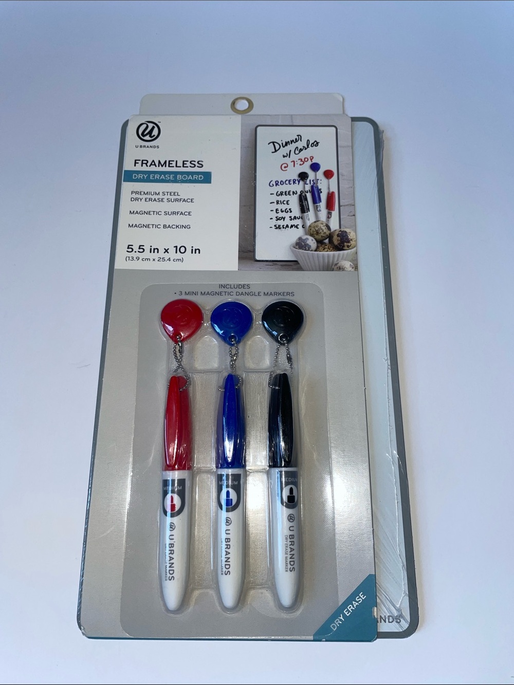 NIB U Brands Frameless Magnetic Dry Erase Board w/ Red, Blue, Black Mini Markers